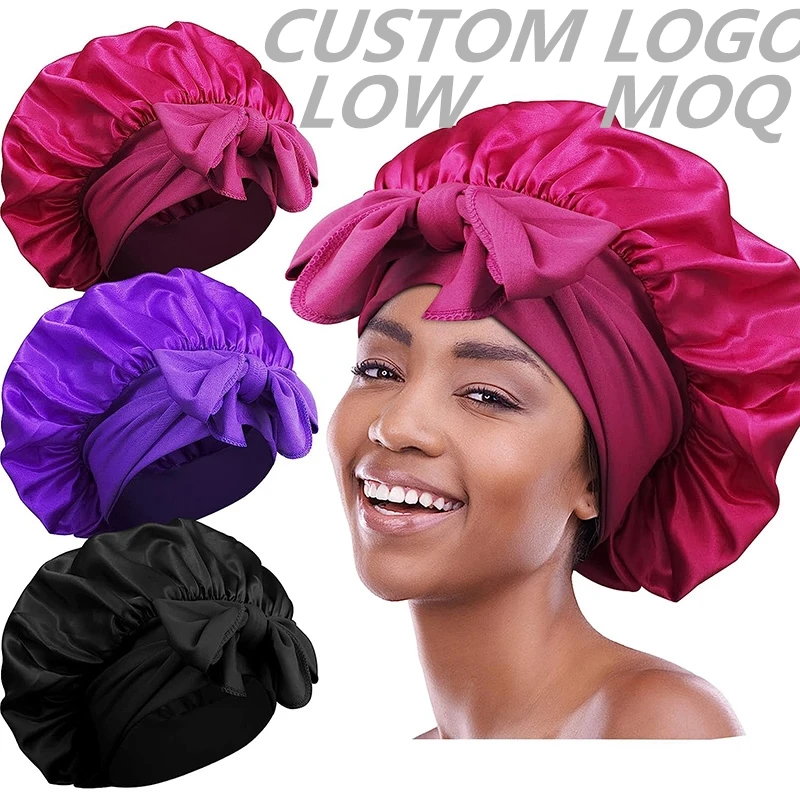 Satin Hair Bonnet and hair wraps Customized Logo Wide Band Sleeping Cap Braid Satin Bonnets with tie