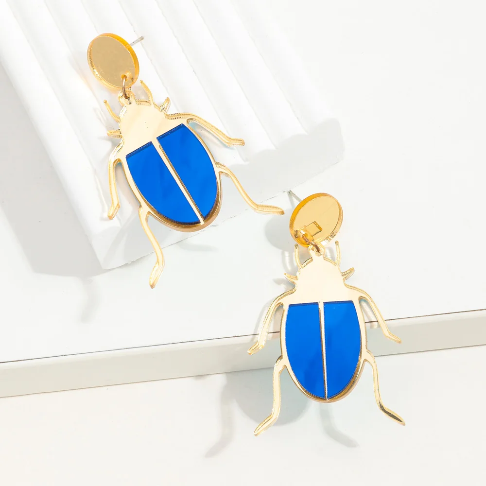 Funky Office Casual Jewelry Funny Insect Animal Cartoon Beetle Ladybug Hip Hop Gold Mirror Prank Acrylic Drop Earrings for Women
