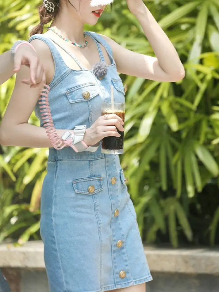 Suspender denim skirt small versatile blue dress sweet hot style high waist vest skirt for women