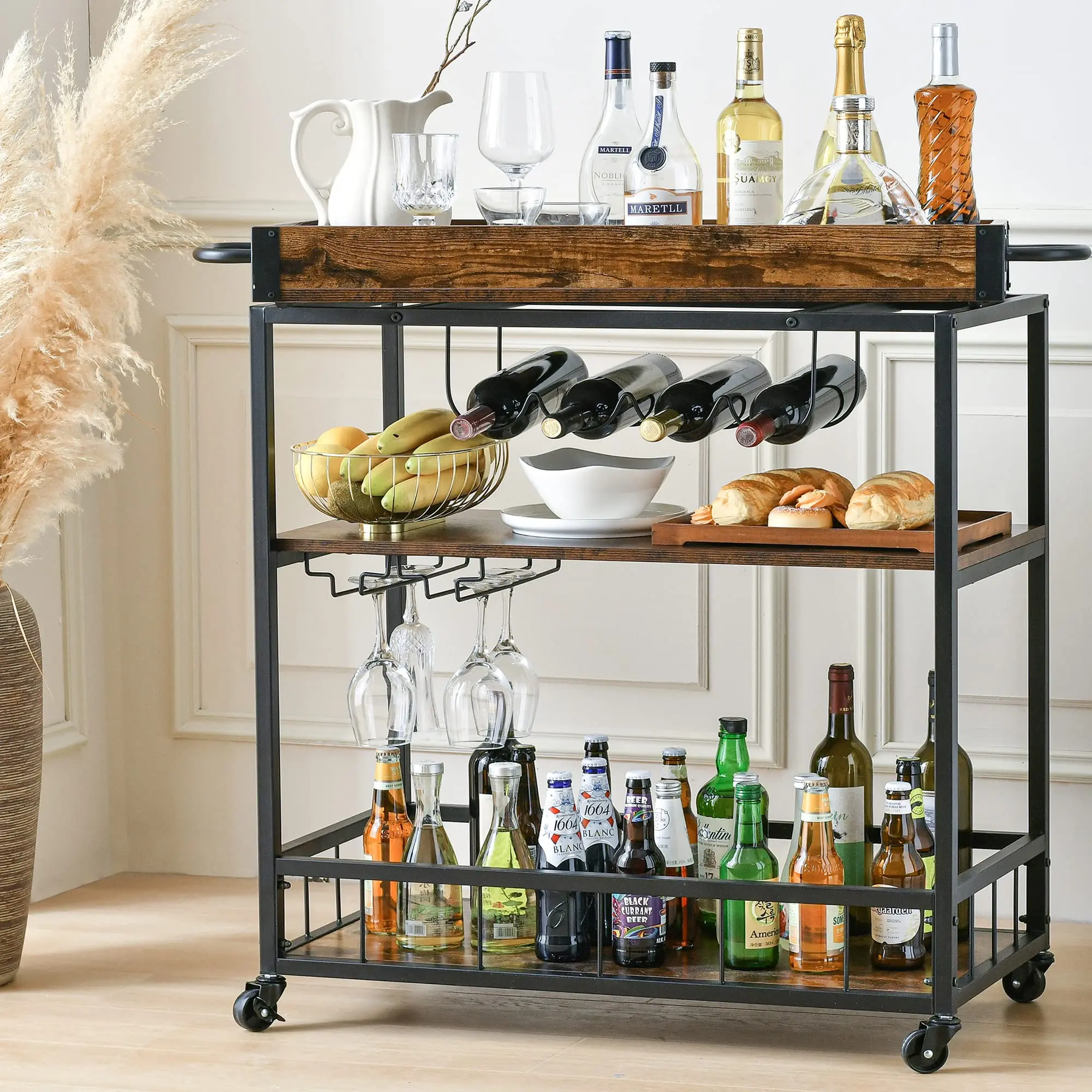 Suoernuo Outdoor Living Kitchen Wine Rack and Glass Holder Mini Home Bar Bar Carts With Wheels