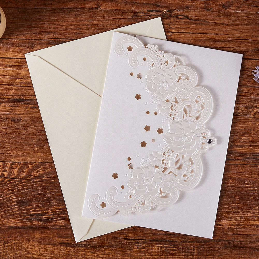 Navy blue envelope pocket embossed floral wedding card cover custom luxury invitation