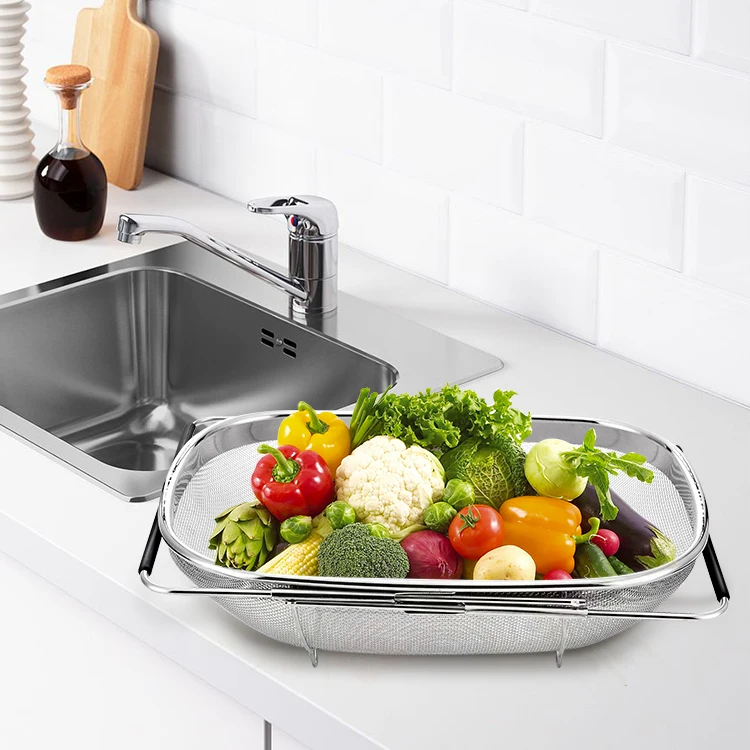 Factory Stainless Steel Over The Sink Mesh  Basket With Silicone Handle for Storage Foods colander mesh strainer