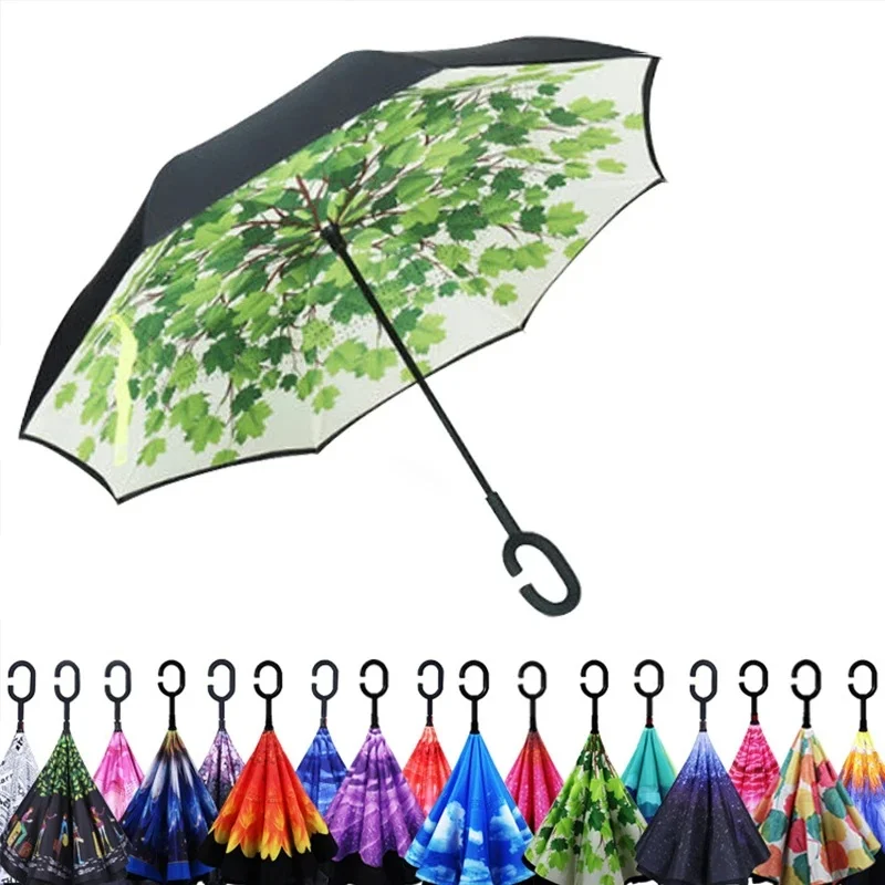 Long Shank Double Layer Inverted Umbrella Windproof Reverse C-Hook Male Golf Umbrella Reverse Umbrellas For Car Birthday Gift