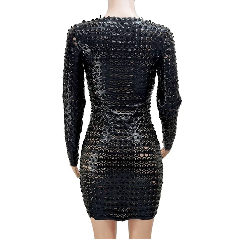 Sexy Long Sleeve Faux Leather Hole Punched Club Dress 2022