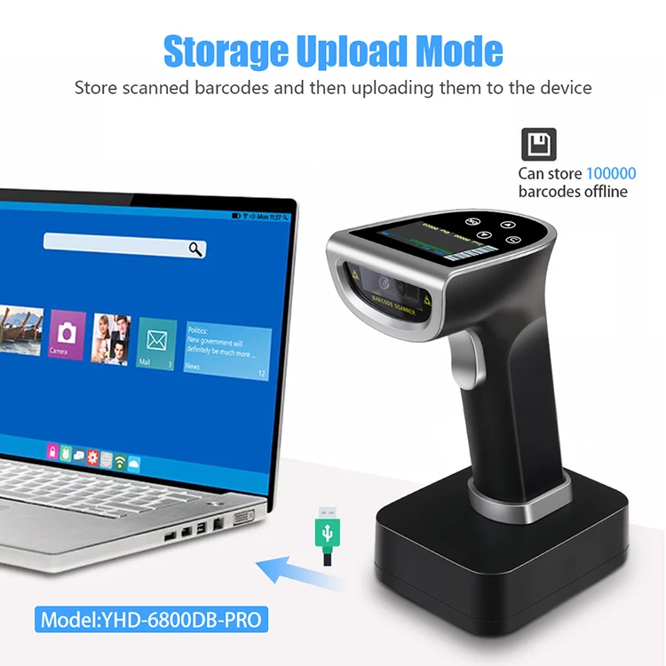 YHDAA Fast Scanning Coms Image Barcode Reader Free Hands 1D 2D Bluetooth Wireless Barcode Scanner Gun With Charging Base