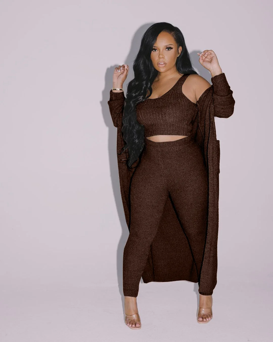 Youdo winter suit L5274 New Arrivals cotton fleece cardigan and long pants 3 piece set sweaters women