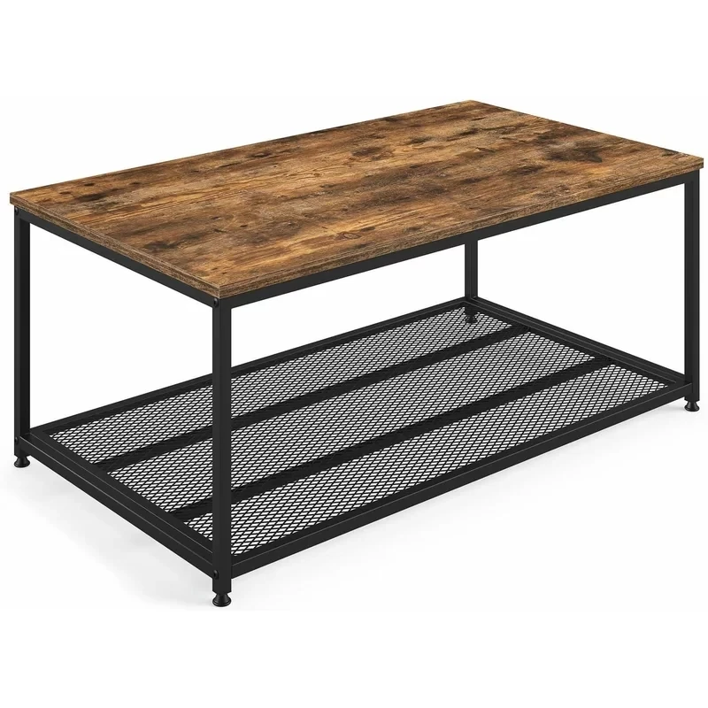 Заводской поставщик Amazon, бесплатный образец, Деревенский коричневый промышленный деревянный журнальный столик с металлической полкой
