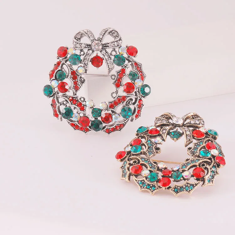 wholesale rhinestone brooches colored Christmas wreath retro brooches