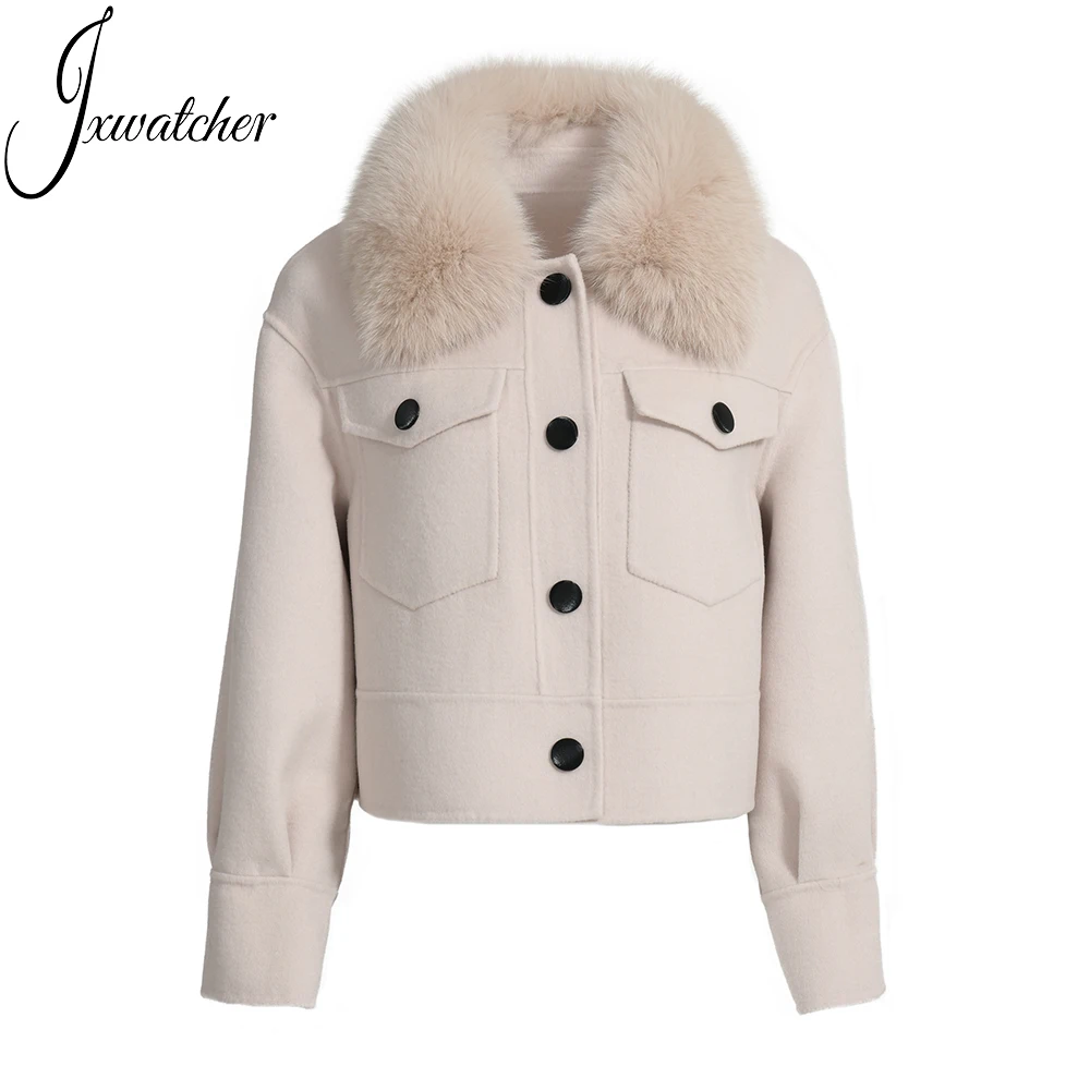 Wholesale Single Breasted Cropped Cashmere Women Coat Fluffy Real Fur Collar Elegant Custom Soft Double Faced Wool Winter Coat
