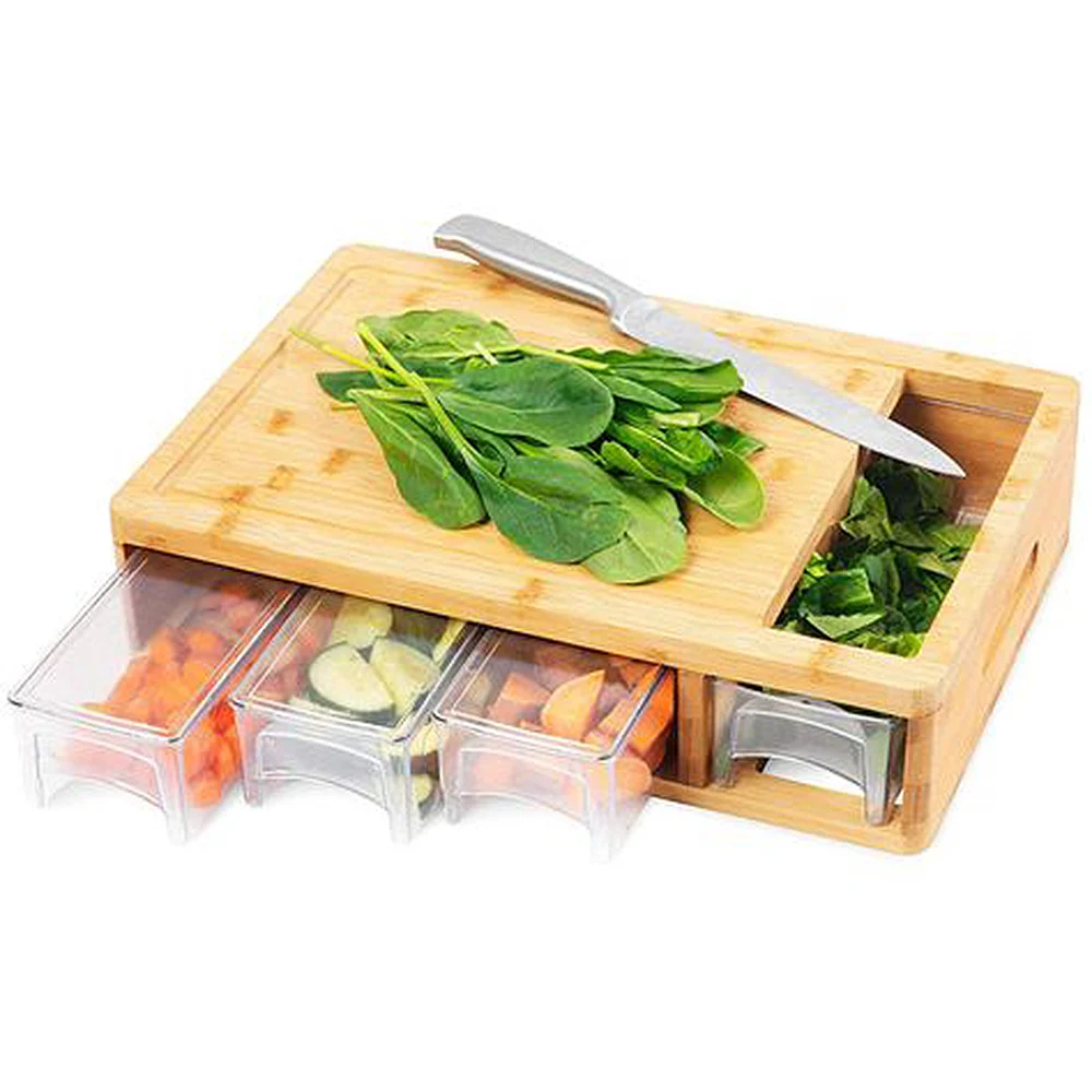 WanuoCraft New Design Hot Sale Eco-friendly Bamboo Cutting board Chopping Board with Container and 4 Storage Drawers
