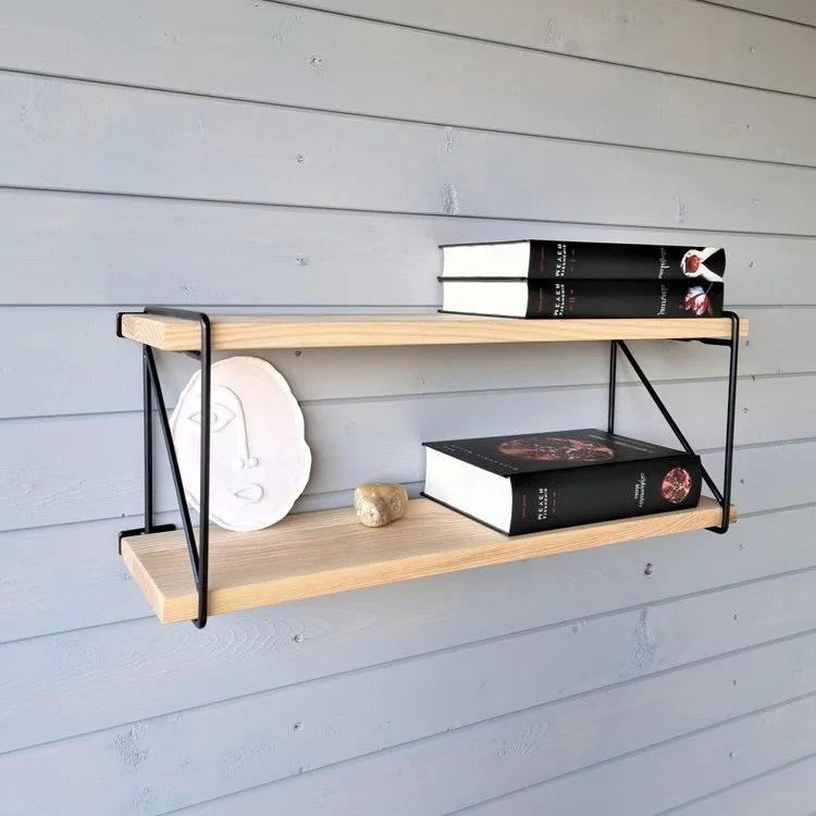 Farmhouse Wall-mounted Organization Wooden Shelf Rack With Black Metal Brackets Plants Display Rack Wall Shelf Floating