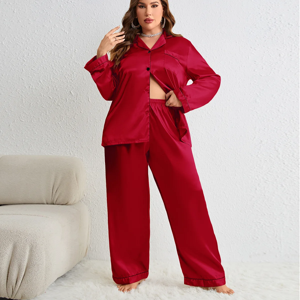 Woman silk pajamas plus size sleepwear satin long sleeve shirt trouser pyjamas larger casual home clothes XL-5XL solid