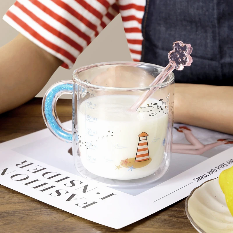 wholesale glass coffee mug 350ml double wall glass cup 12oz borosilicate glass cup birthday gift mug