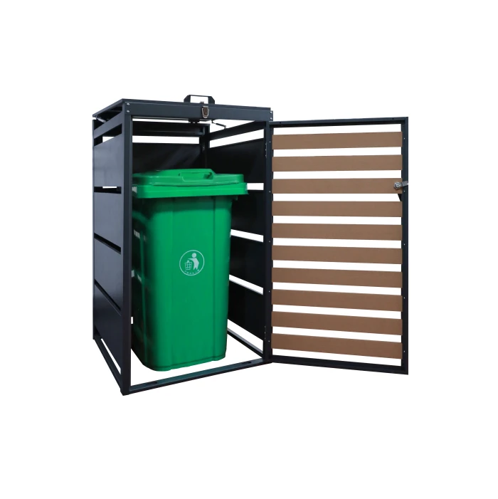 outdoor used furniture customized wooden effects trash bin cabinet 240L steel KD Structure 1 doors garbage bin cover box