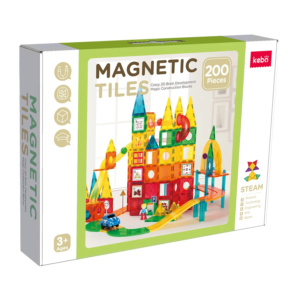 KEBO 200pcs 3 in One 3D Colorful Tiles Educational Magnetic Tiles Toys for Kids