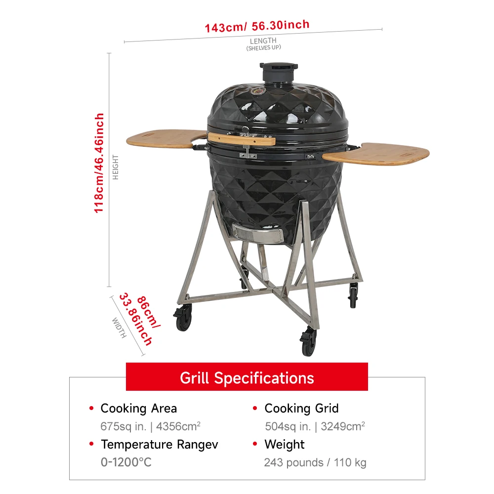 SEB KAMADO Diamond 26 Inch Outdoor Cooking Kamado Barbecue Trolley Standard Bbq Grill