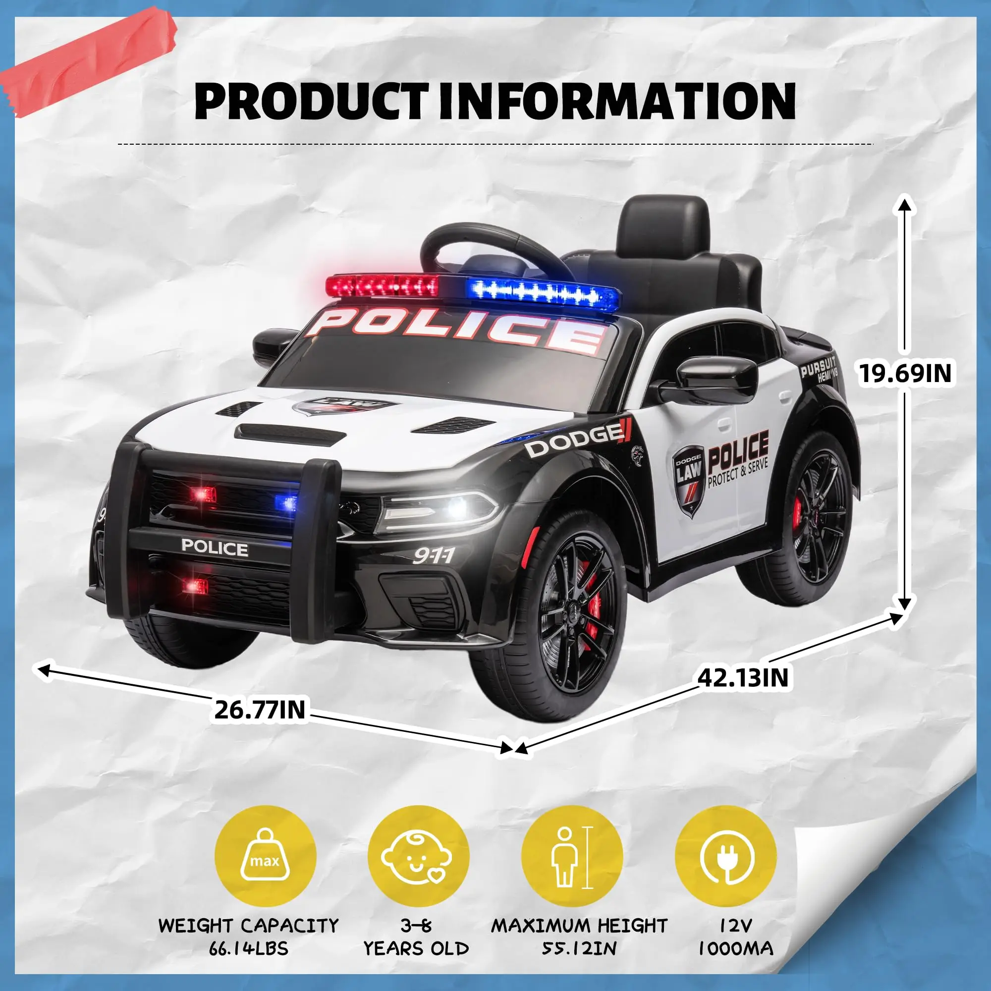 Licensed DODGE kids police car children 12v electric remote control baby electric police ride on cars for kids to drive