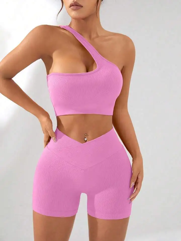 Seamless Ribbed Crossover Fitness One Shoulder Yoga Bra and Short Set Workout Gym Fitness Sets Women High Waist Yoga Tight Sets