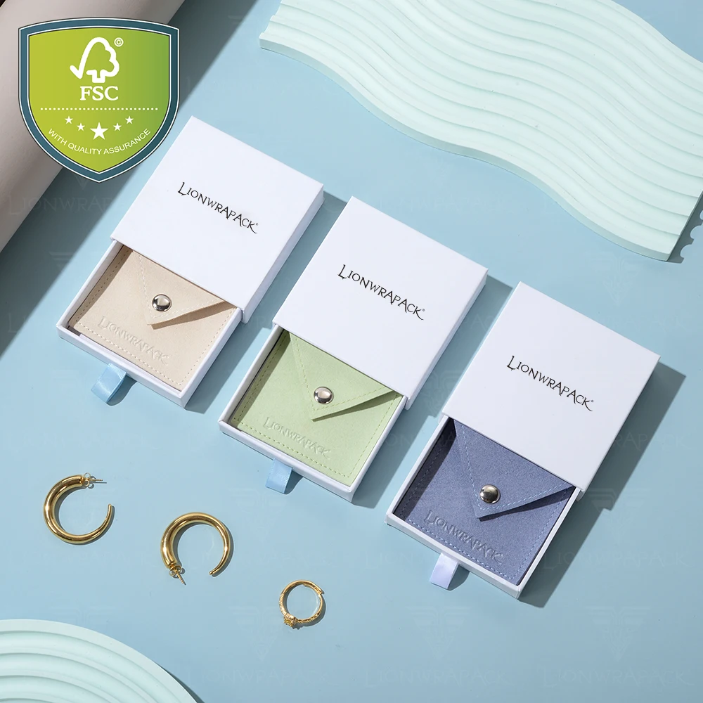 Lionwrapack High-Quality Customized Logo White Sliding Jewelry Paper Box - Eco-Friendly Jewelry Box with Ring and Necklace Pouch