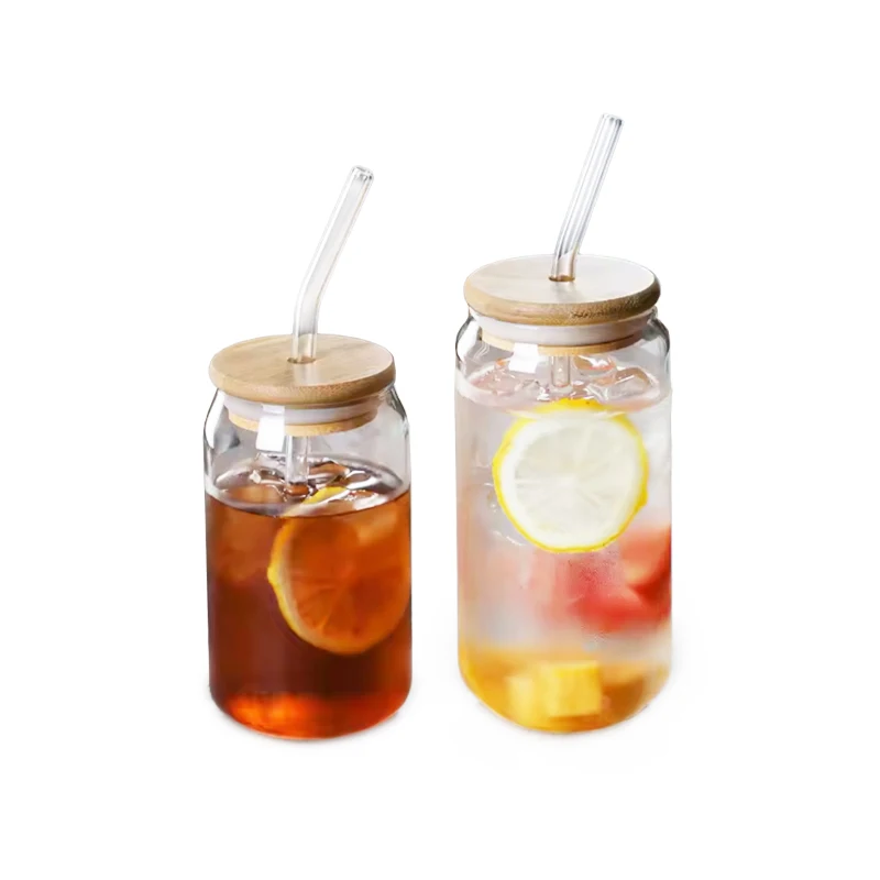 high borosilicate  16oz  soda cola  libby Sippy  for Water Drinkware Can glass Cup with Bamboo Lids and Straws