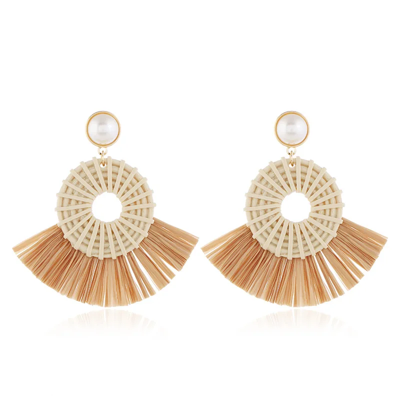 Ethnic Style Raffia Drop Earrings Boho Eco Friendly Bamboo Wove Pendant Earring Personality Beach Vacation Women Fashion Jewelry