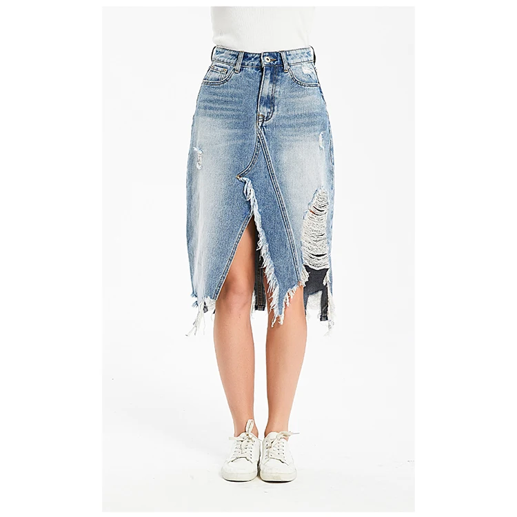 Fashion Irregular Tassel Distressed Hip Skirt Mid Length Denim Skirt For Women