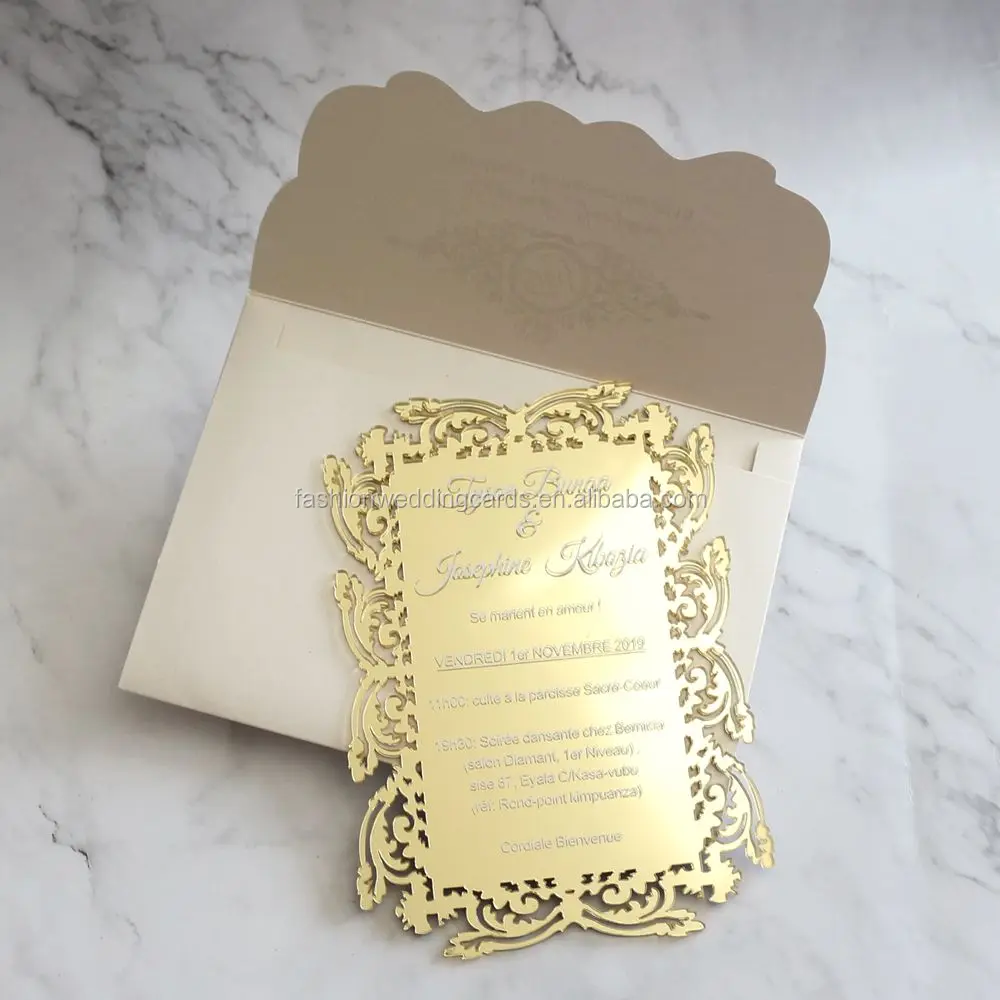 New designs Custom Gold Mirror laser cut Acrylic Wedding Invitations with hot stamp text birthday invitation cards menu cards