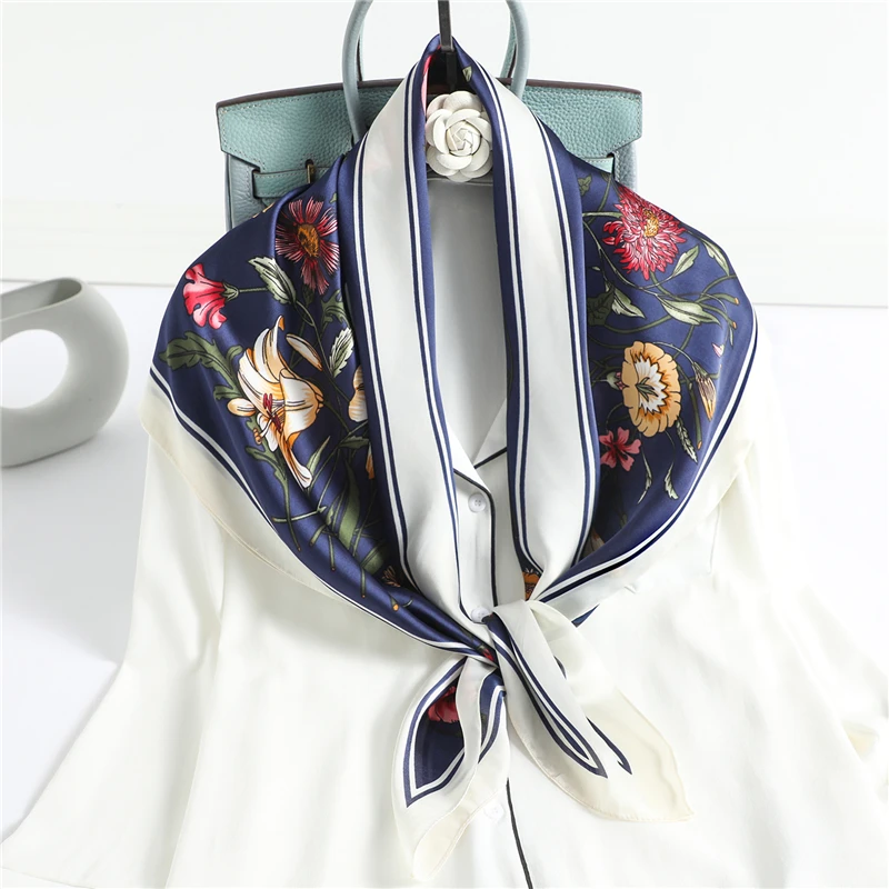 2021 Silk Head Scarf Women Luxury Plaid Print Kerchief Neck Scarfs 90cm Square Polyester Shawls and Wrpas Hair Scarves Bandana