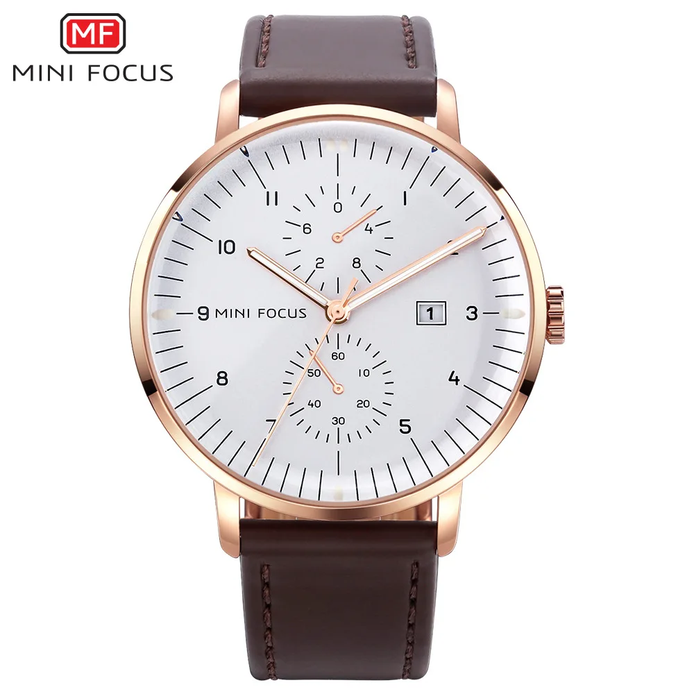 MINI FOCUS 0052G Mens Casual Fashion Genuine Leather Male Wristwatch New Waterproof Clock Men Watch Luxury Quartz Watches
