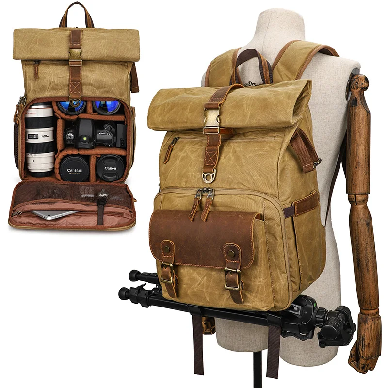 In Stock Waterproof Dslr Digital Photography Bag Vintage Canvas Roll Top Camera Backpack Rucksack