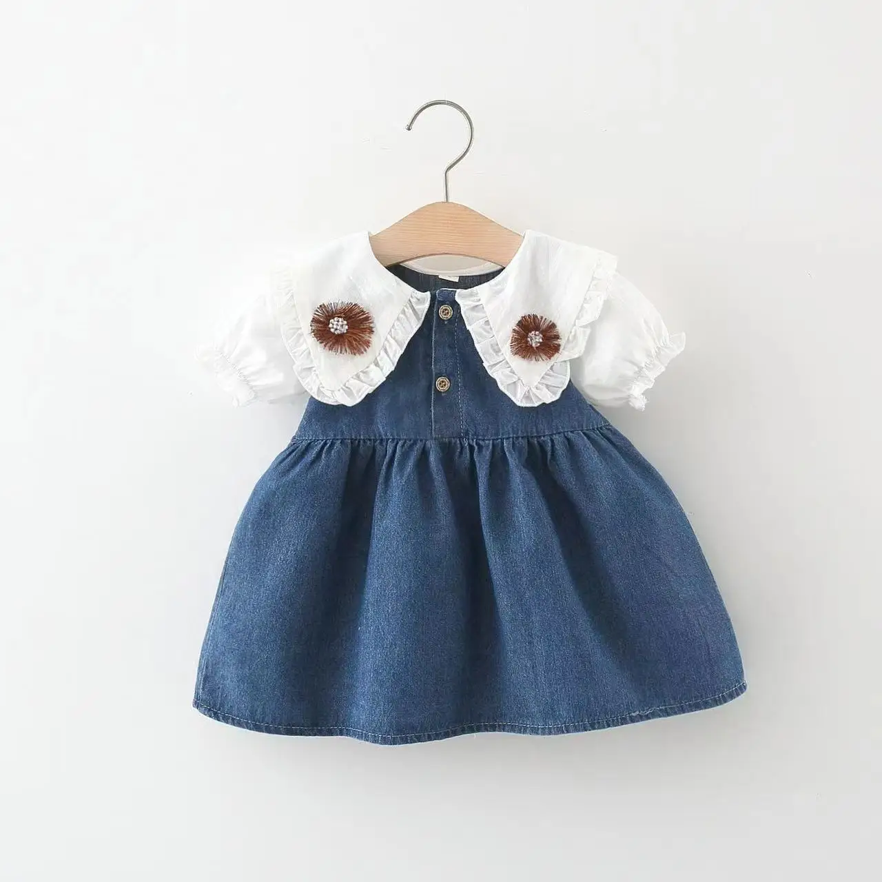1634 2024 Summer New Girls Lace Collar Denim Skirt Children Fashion Lapel Collar Princess Dress