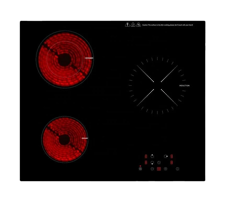 3 горелки, керамическая и индукционная плита, 2 горелки, сенсорный выключатель, индукционная плита и 1 горелка, керамическая плита.