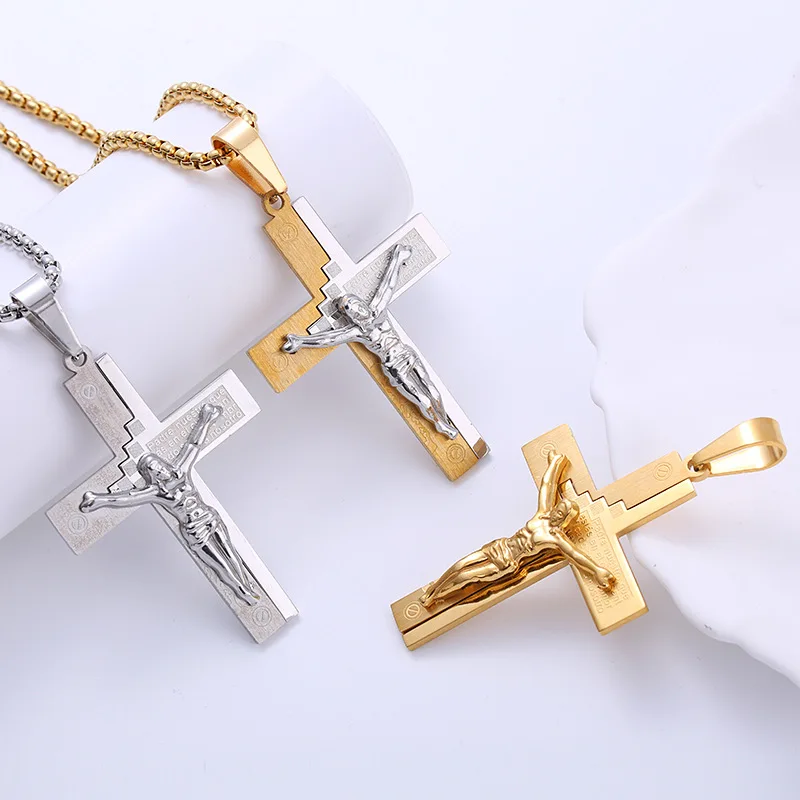HOVANCI Religious Christian Jesus Cross Charm Necklaces Stainless Steel Gold Plated Jerusalem Cross Necklace