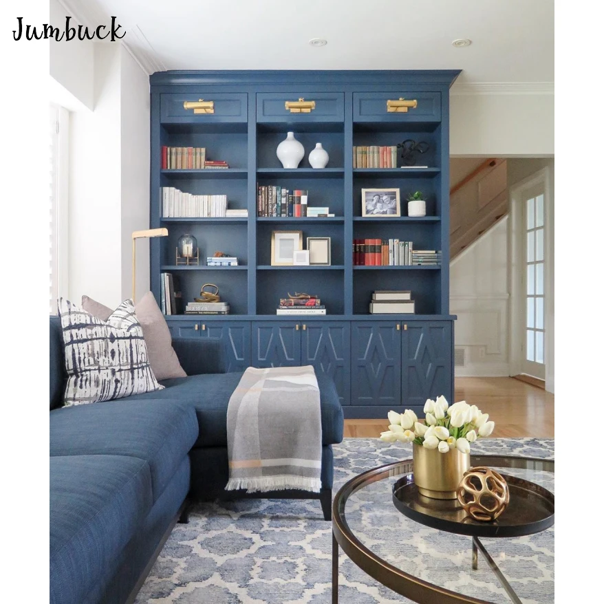 
Luxury dark blue American shaker house wood bookcase home furniture bookshelf 