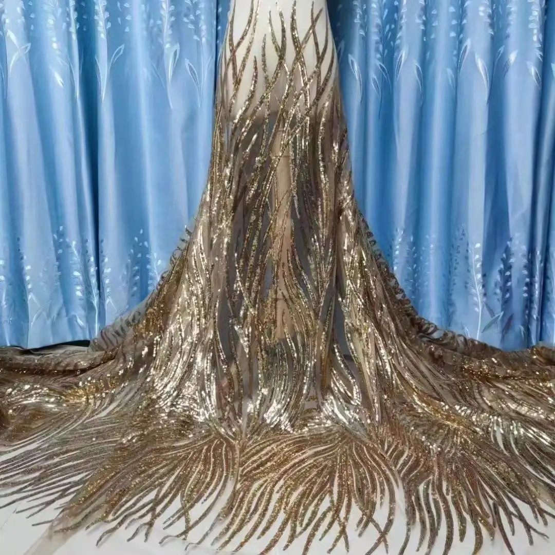 Width 125 cm Polyester sparkly sequins Embroidery stripe Mesh Nigerian Fabric heavy tulle Lace Fabric for wedding Dress