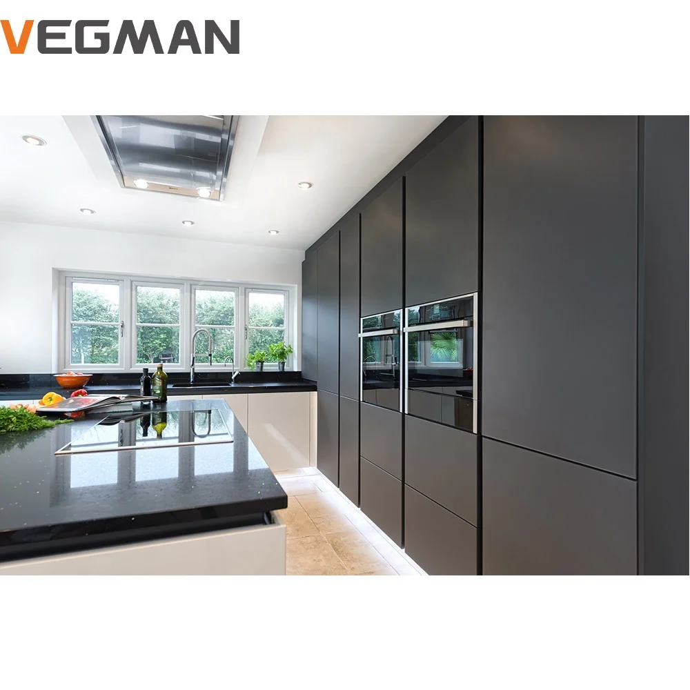 L shaped waterproof lacquer black white island smart modern style kitchen cabinet for commercial and home use