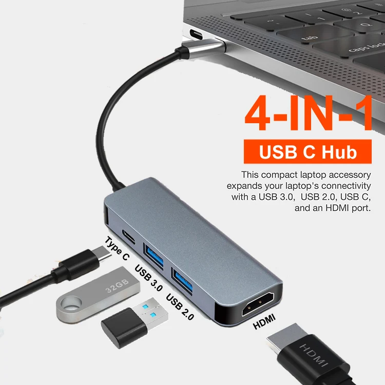 4 in 1 USB-C Type-C Hub Adapter with 4 Ports USB 3.0 Super Speed Data Transfer 4K HD Converter USB C Hub