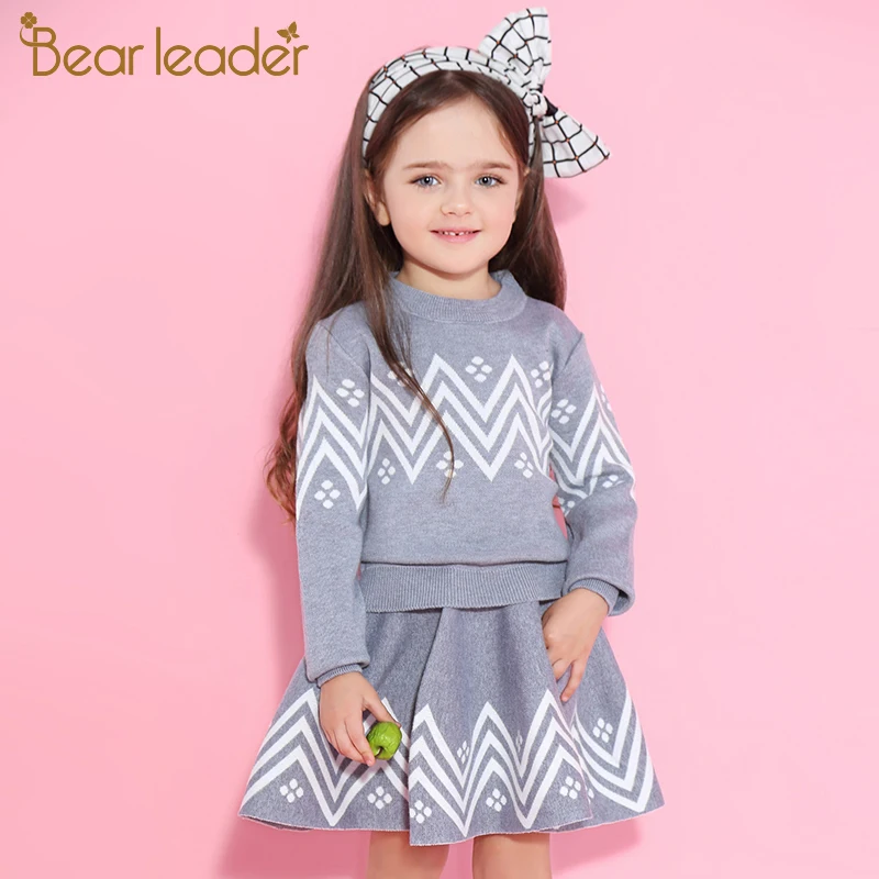 Bear Leader Girls Dress 2019 Winter Geometric Pattern Dress Long Sleeve Girls Clothes Top Coat+ Tutu Dress Sweater Knitwear 2pcs
