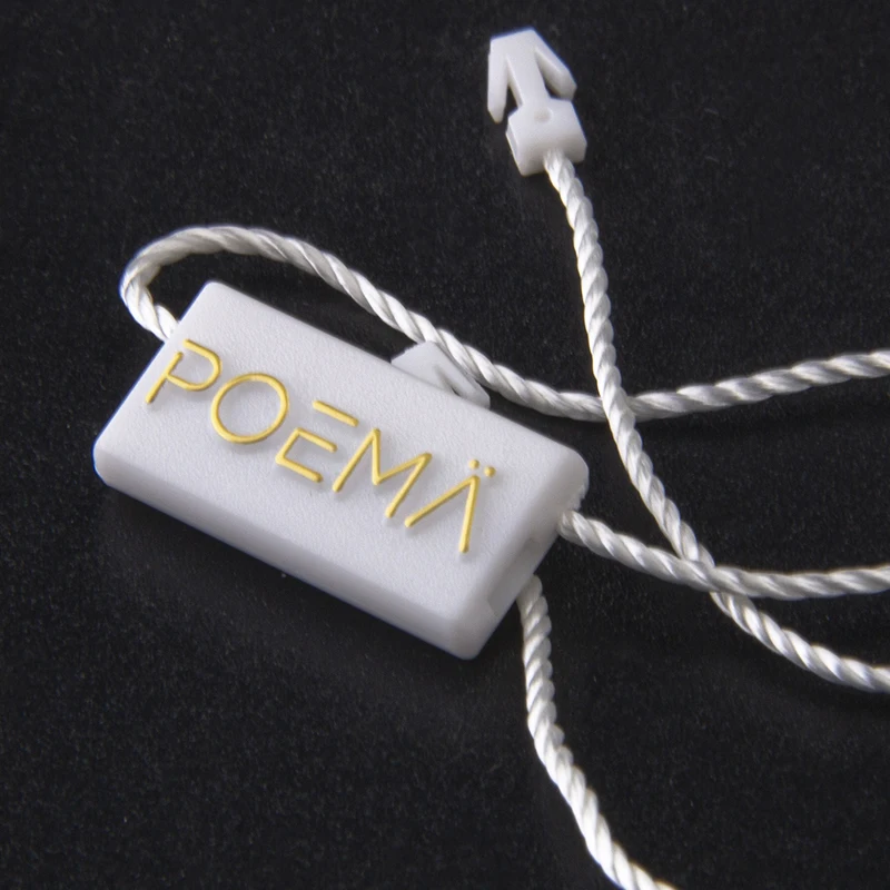 Custom Logo Clothing White Embossed Plastic Seal Lock Fastener Hang Tag String for Garment