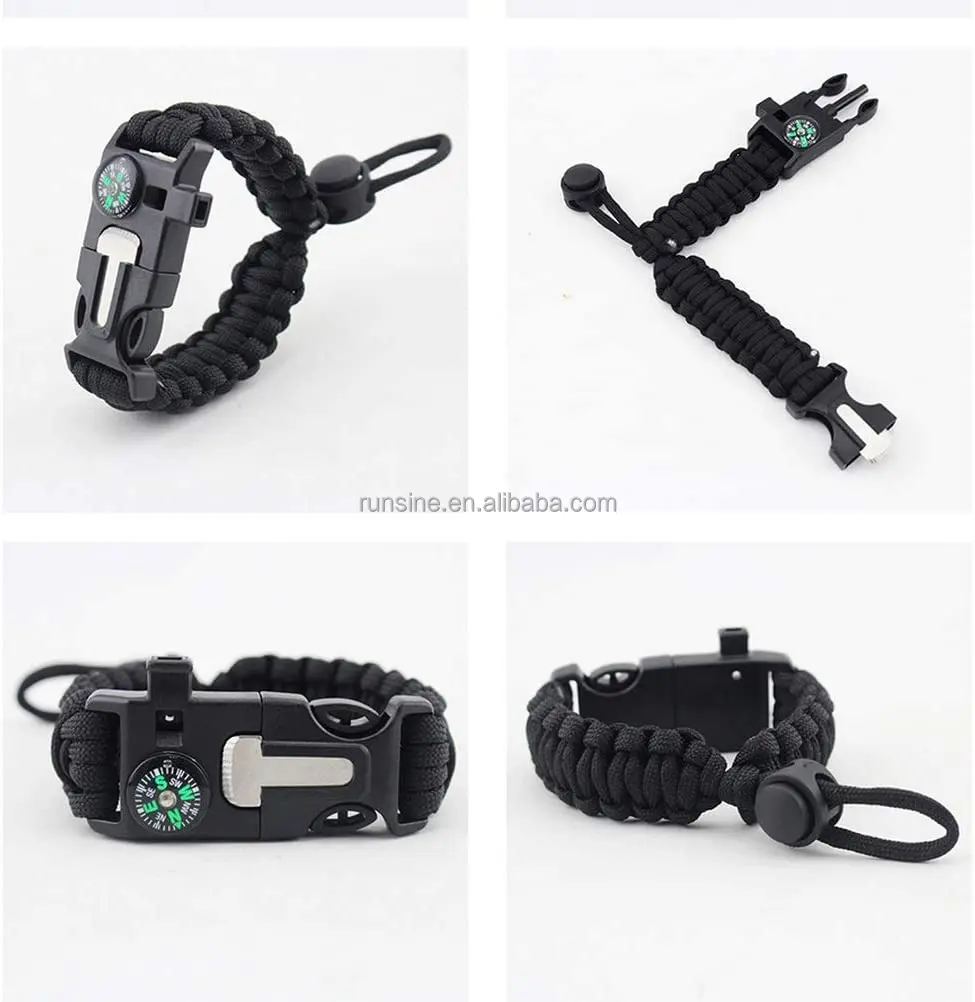 wholesale New outdoor custom nylon adjustable 5 In 1 tactical whistle fire starter 550 paracord survival bracelet flint clasp
