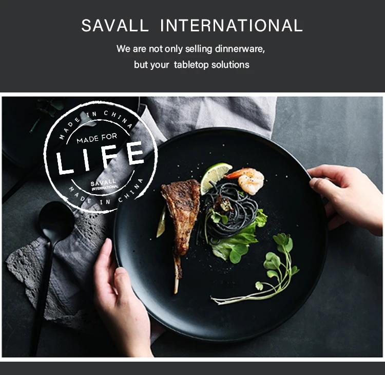 Savall HoReCa Logo printing Black Round ceramic deep soup plate restaurant dinner ceramic plates set black porcelain soup plates