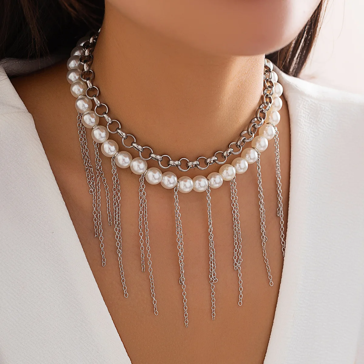 Kinling OEM Design Luxury Simple Fashion Pearl Jewelry Tassel Chain Layered Necklace For Women