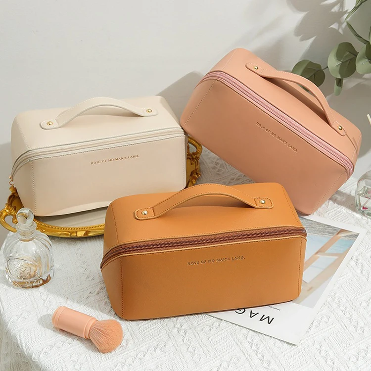 Custom logo cosmetic bag pouch makeup travel organizer leather toiletry bag