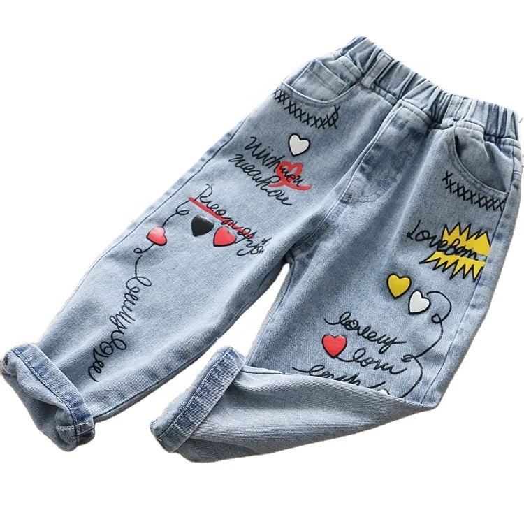 2020 Girls Jeans New Korean Youth Embroidered Jeans Print Heart Shaped Fashion Jeans Girls Clothing