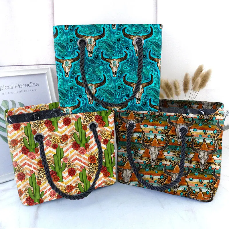 Cashew Nut Flower Leopard Colorful Striped Turquoise Bull Cow Head Travel Wash Toiletry Totes Bag