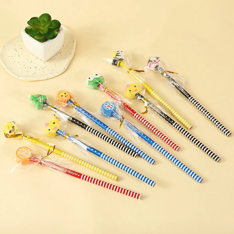 School Supplies Kawaii Erasers Pencils,Novelty Cartoon Stripes Pattern HB Pencil With Eraser for Student Sketch Drawing