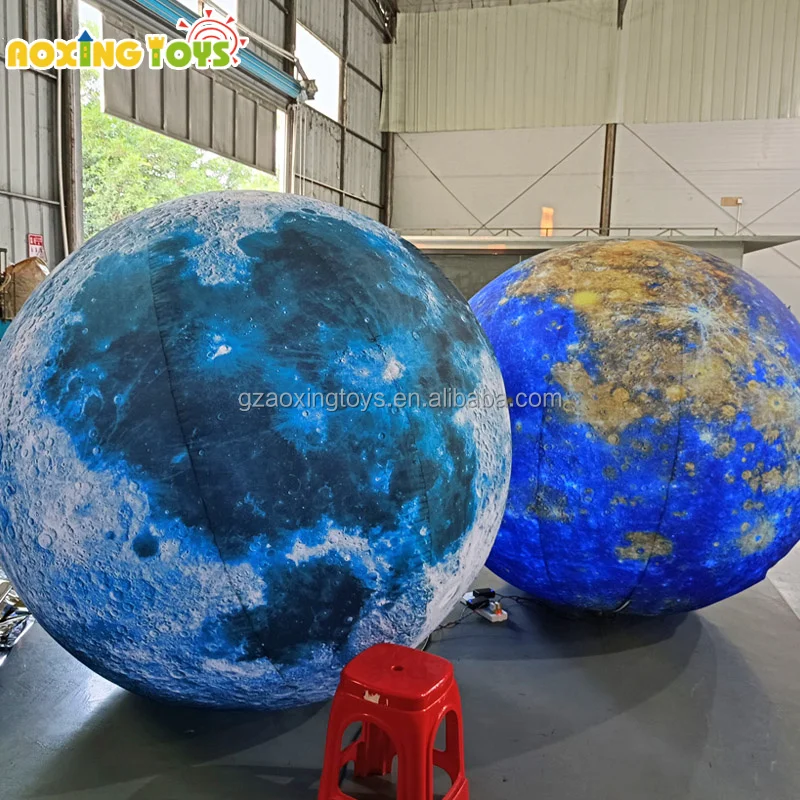Custom Pattern Logo Advertising Decoration Inflatable Blue Moon Balloon With Led Light For Stage Shopping  Mall Events