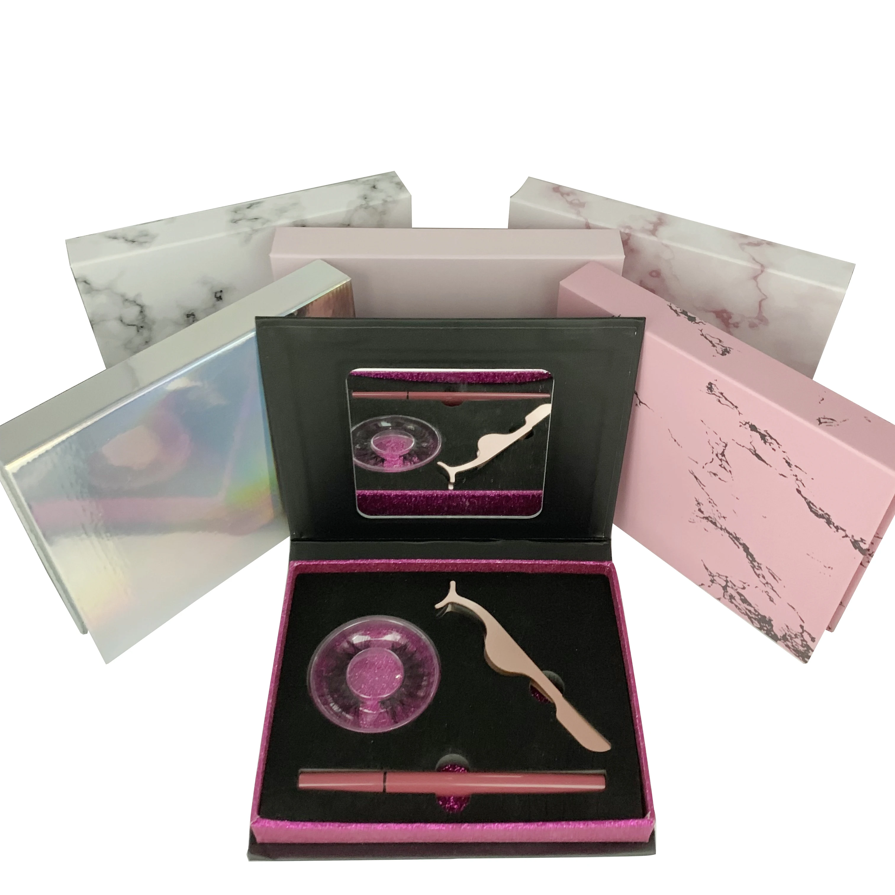 Custom Mirror False Eyelash Packaging Box Magnetic 3 Pairs Real Mink Eye Lash Extension Kit With Lashes Applicator and Glue