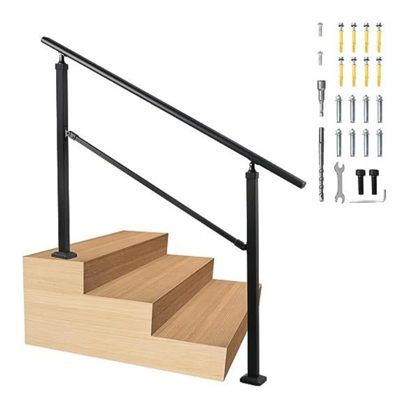 Customize Black Metal Heavy Duty Stair Railing Indoor Wall Mounted Iron Staircase Handrail Hand Railings Kit for Garage Basement