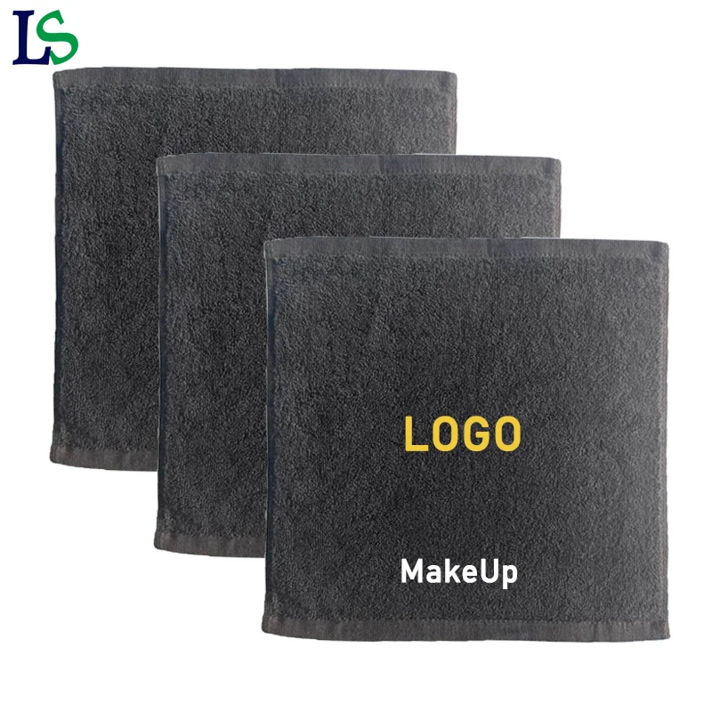 100% Cotton Absorbent Black Towel Hand Make Up Towel Black Face Towel with Embroidery Logo for Beauty Salon and SPA Wedding Gift